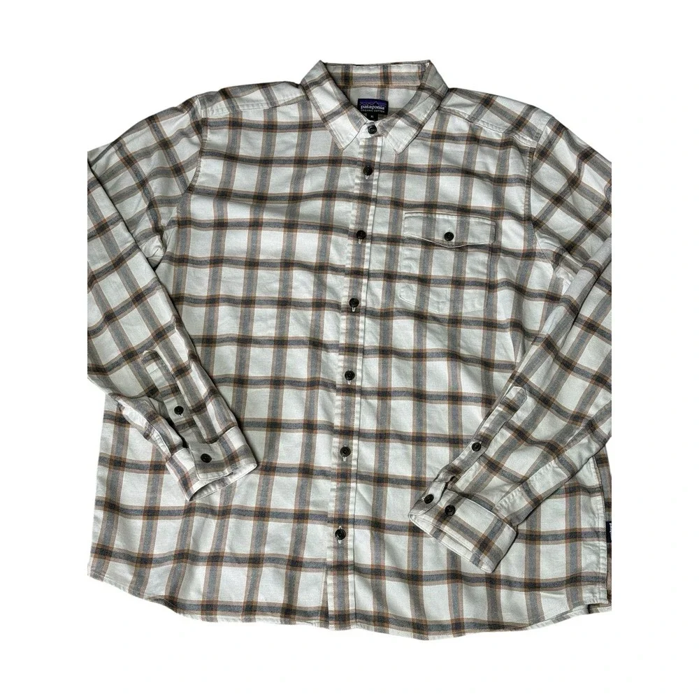 Men's Patagonia Organic Cotton Flannel Beige Gray Plaid Sz XL‎ READ - Picture 2 of 12